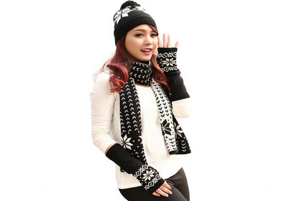 Red Black Yellow Warm Winter Accessories Knitted Hat Scarf Glove Set For Adult - 11095817