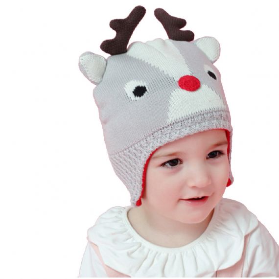 Grey Cute Warm Winter Accessories Knitted Baby Beanie Hat With Reindeer Antlers - 11193670