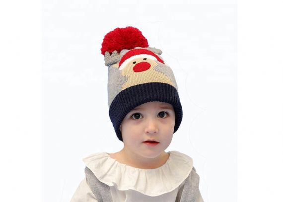 Grey Custom Baby Christmas Hat OEM Knitted Fur Pom Beanie 3D Xmas ELK Pattern - 11193671
