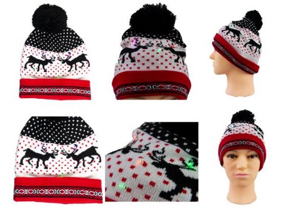 Acrylic Reindeer Pattern Warm Winter Accessories LED Light Knitted Christmas Hat - 12209181