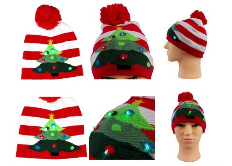 Lighted Unisex Xmas Beanie Hat Red Stripe Christmas Tree 7 Gauge Knit Pattern - 12220681