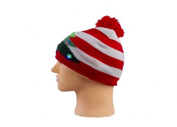 Lighted Unisex Xmas Beanie Hat Red Stripe Christmas Tree 7 Gauge Knit Pattern - 12220681
