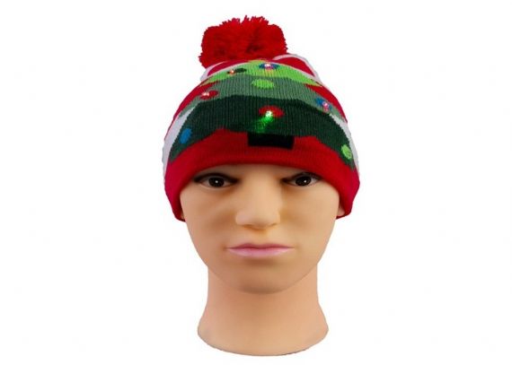 Lighted Unisex Xmas Beanie Hat Red Stripe Christmas Tree 7 Gauge Knit Pattern - 12220681