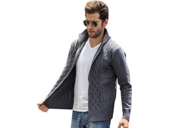 Suéteres de la rebeca del verde del ejército de la cremallera completa hecha punto cable largo grueso del telar jacquar para los hombres - 11202860