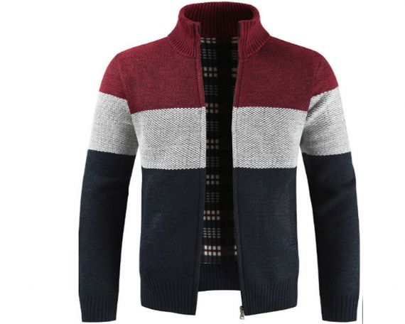 Cárdigan de rayas teñidas de hilo para hombre con cremallera de cuello mandarín - 13246328