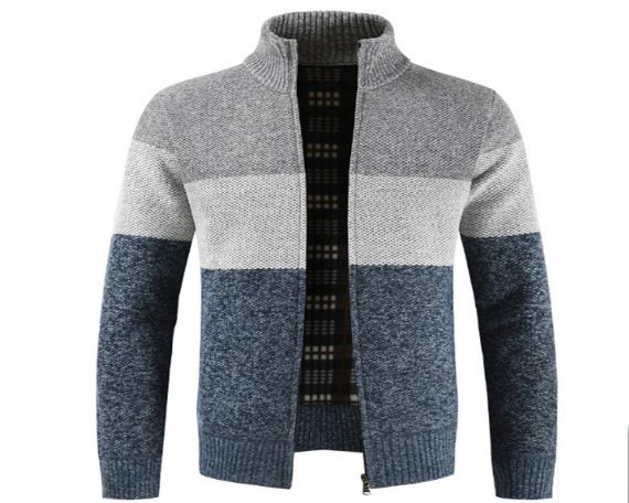 Cárdigan de rayas teñidas de hilo para hombre con cremallera de cuello mandarín - 13246328