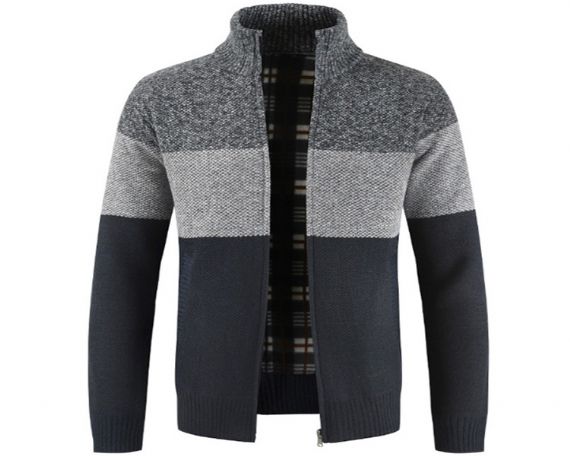 Cárdigan de rayas teñidas de hilo para hombre con cremallera de cuello mandarín - 13246328