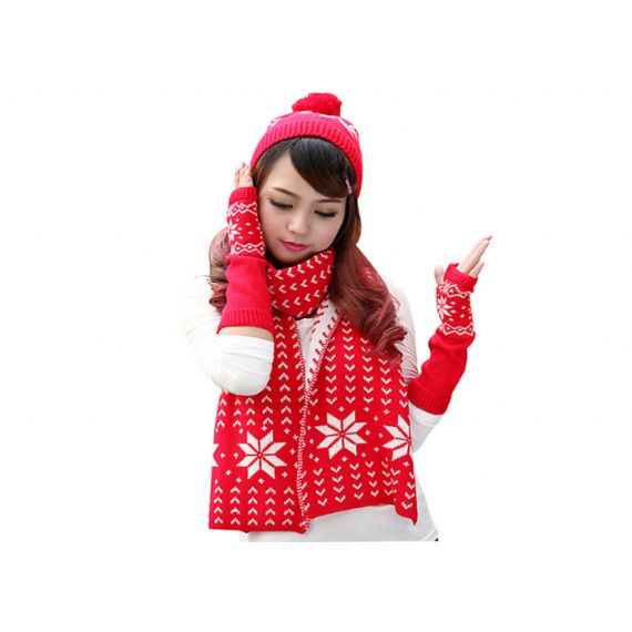 Vermelho Preto Amarelo Acessórios de Inverno Quente Chapéu de Malha Cachecol Conjunto de Luvas para Adulto - 11095817