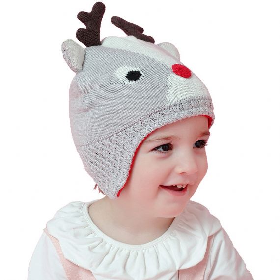 Boné cinza com acessórios de inverno quente e tricotado gorro com chifres de rena - 11193670