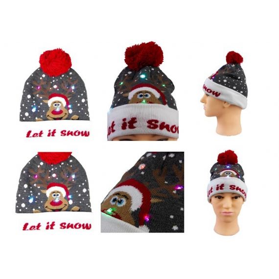 Gorros de Natal masculinos 9GG de malha cinza iluminados pom pom bola para o dia de Natal - 12216846