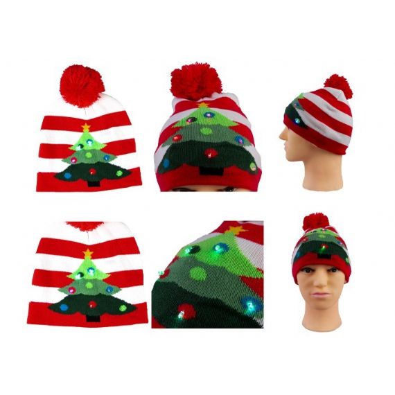 Chapéu de Natal unissex iluminado gorro listrado vermelho árvore de natal calibre 7 padrão de malha - 12220681