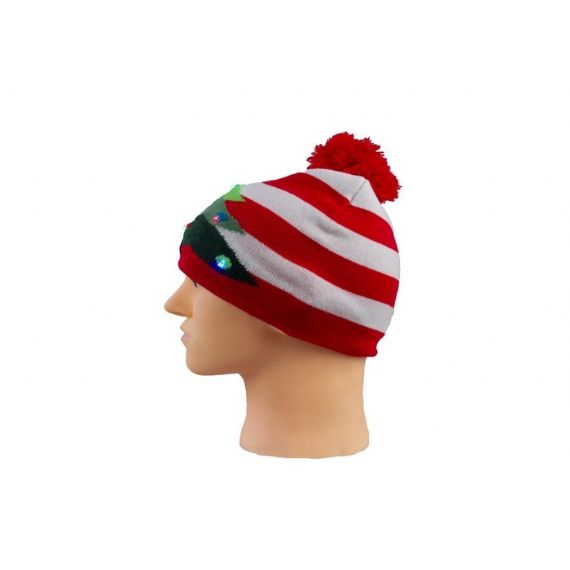 Chapéu de Natal unissex iluminado gorro listrado vermelho árvore de natal calibre 7 padrão de malha - 12220681