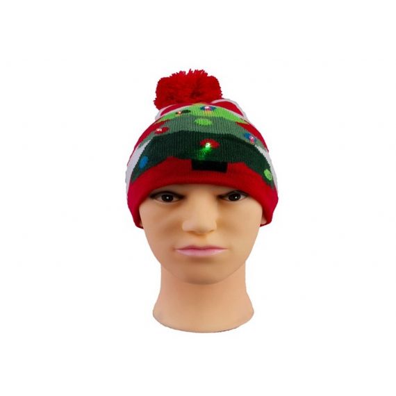 Chapéu de Natal unissex iluminado gorro listrado vermelho árvore de natal calibre 7 padrão de malha - 12220681