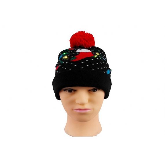 Aconchegante Malha Preto Acessórios de Inverno Quente Luz LED Jacquard Macio Gorro de Natal - 12226416
