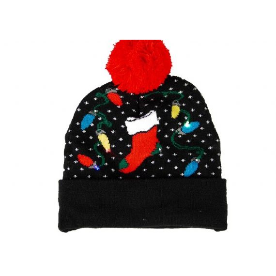 Aconchegante Malha Preto Acessórios de Inverno Quente Luz LED Jacquard Macio Gorro de Natal - 12226416