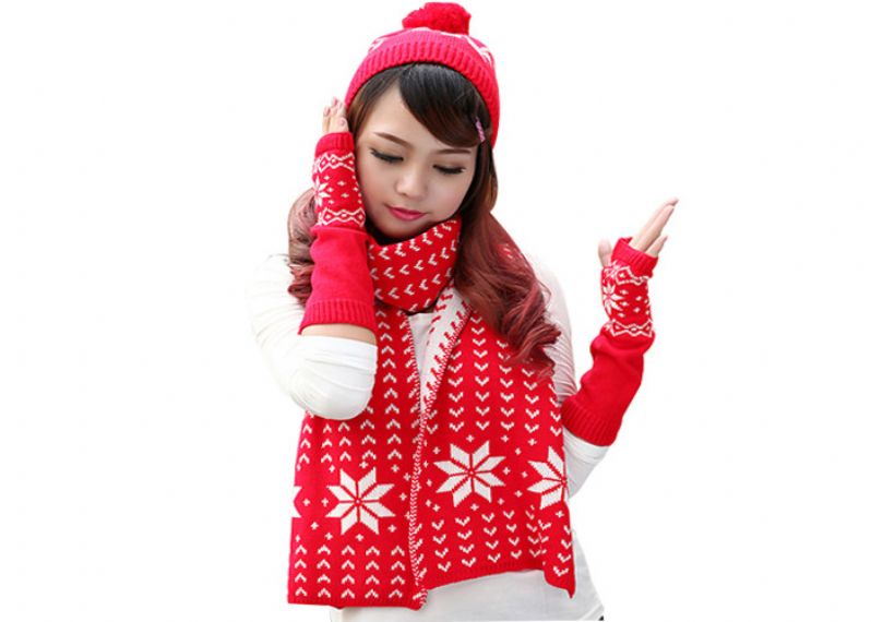 Rojo, negro, amarillo, cálido, accesorios de invierno, sombrero hecho punto, bufanda, guante, conjunto para adulto - 11095817