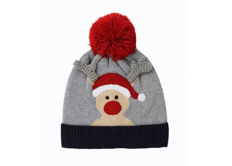 El OEM de encargo gris del sombrero de la Navidad del bebé hizo punto el modelo de los ELK de Navidad de la gorrita tejida 3D de Pom de la piel - 11193671