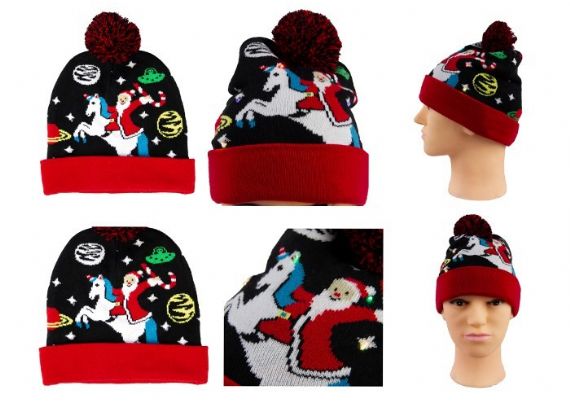 LED Jacquard Cable Knit Warm Bobble Hat Gorro navideño suave para mujer con pompón - 12219779