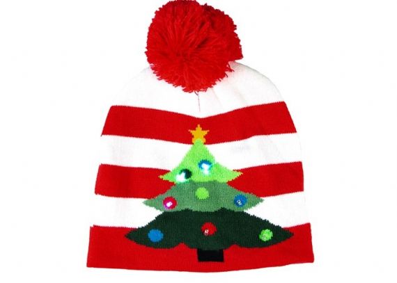 Gorro de Navidad unisex iluminado con diseño de punto de calibre 7 de árbol de Navidad de rayas rojas - 12220681