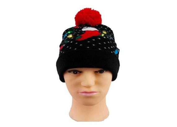 Cozy Knit Black Warm Winter Accesorios LED Light Jacquard Soft Christmas Beanie Hat - 12226416
