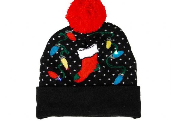 Cozy Knit Black Warm Winter Accesorios LED Light Jacquard Soft Christmas Beanie Hat - 12226416