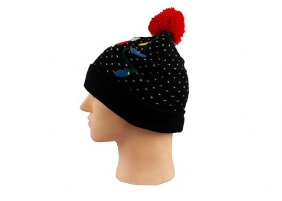 Cozy Knit Black Warm Winter Accesorios LED Light Jacquard Soft Christmas Beanie Hat - 12226416