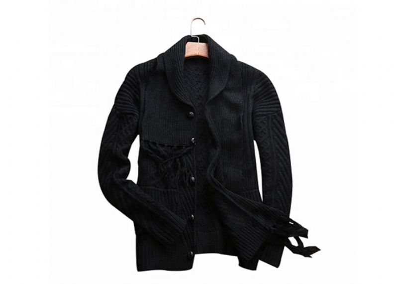 Black Acrylic Button Mens Knit Sweater ，Winter Cardigan Sweater With Knitted Scarf - 11202608
