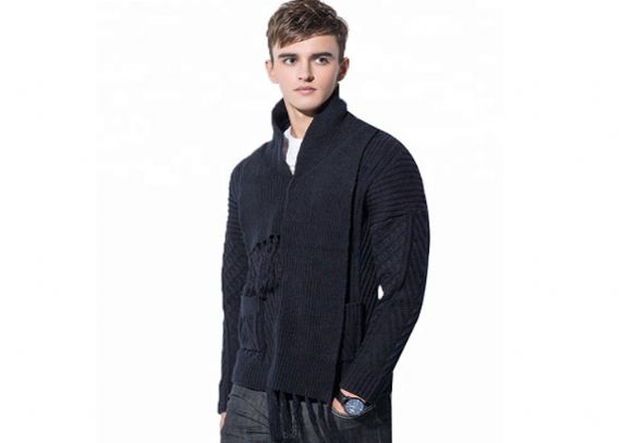 Black Acrylic Button Mens Knit Sweater ，Winter Cardigan Sweater With Knitted Scarf - 11202608