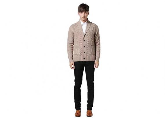 Chunky Knit Cotton Acrylic Cable Mens Shawl Collar Cardigan Sweater - 11202926