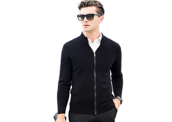 Mens Full Zip Cardigan Sweater , Mens Black Long Sleeve Cardigan Wool Sweater - 11202952