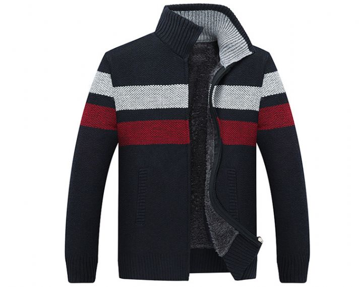 Plus Velvet Padded Zipper Stripe Mens Stand Collar Cardigan - 13246255