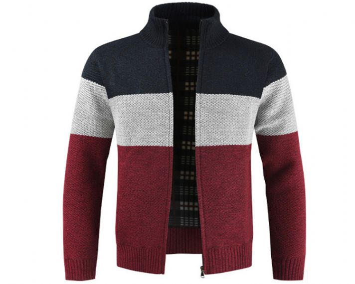 Mandarin Collar Zipper Mens Yarn Dyed Striped Cardigan - 13246328