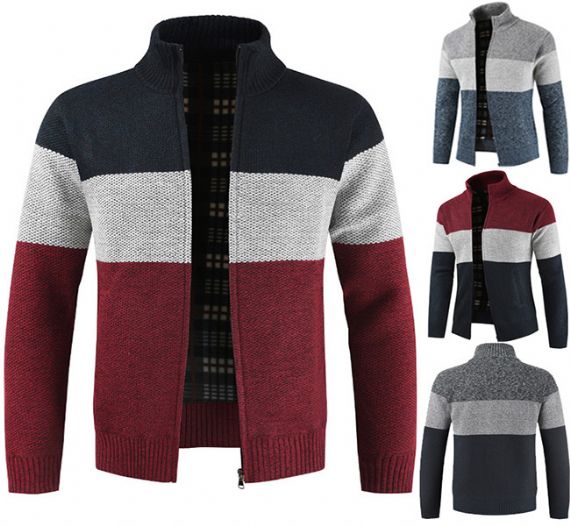 Mandarin Collar Zipper Mens Yarn Dyed Striped Cardigan - 13246328