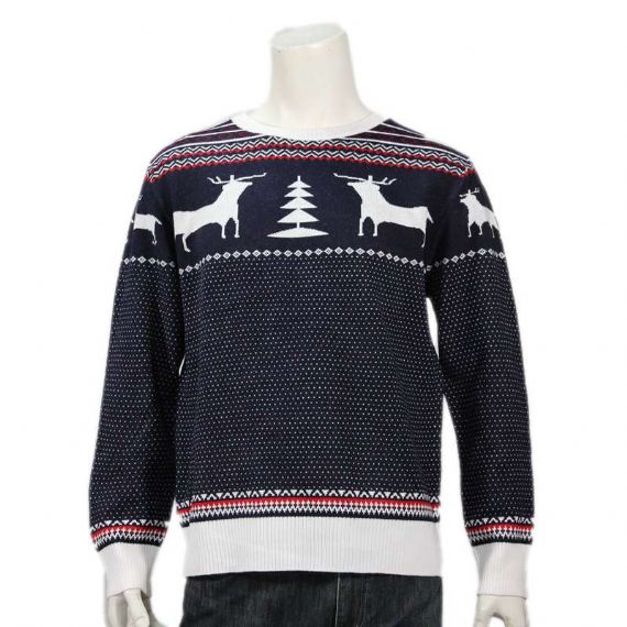 Men's 100% Cotton Reindeer Pine Christmas Pullover Jumper In Navy And White - 11665656