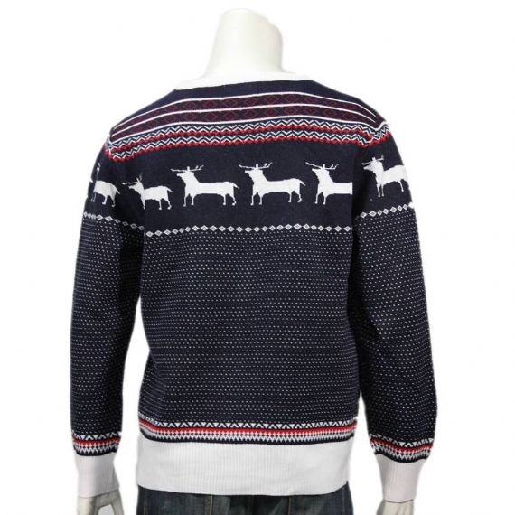 Men's 100% Cotton Reindeer Pine Christmas Pullover Jumper In Navy And White - 11665656