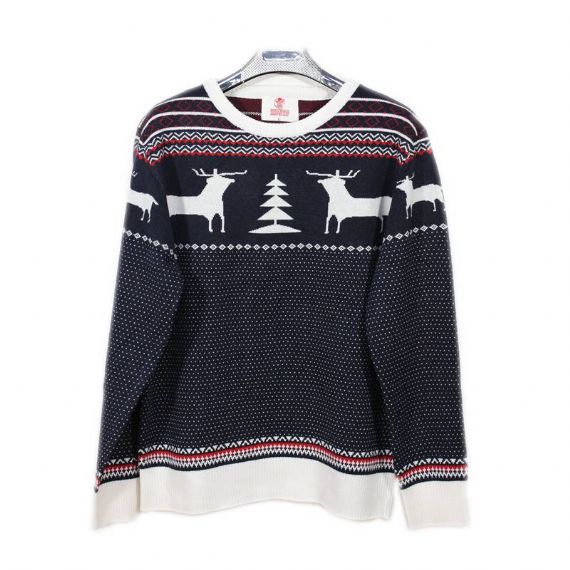 Men's 100% Cotton Reindeer Pine Christmas Pullover Jumper In Navy And White - 11665656