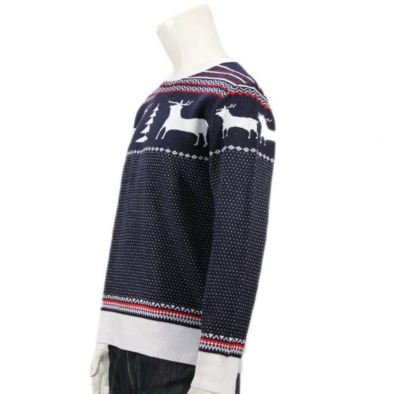Men's 100% Cotton Reindeer Pine Christmas Pullover Jumper In Navy And White - 11665656