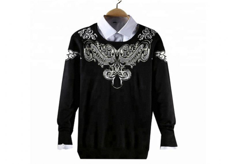 Crew Neck Nylon Long Sleeve Mens Black Pullover Sweater With Jacquard Pattern - 11202604