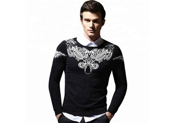 Crew Neck Nylon Long Sleeve Mens Black Pullover Sweater With Jacquard Pattern - 11202604