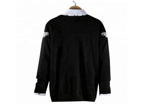 Crew Neck Nylon Long Sleeve Mens Black Pullover Sweater With Jacquard Pattern - 11202604