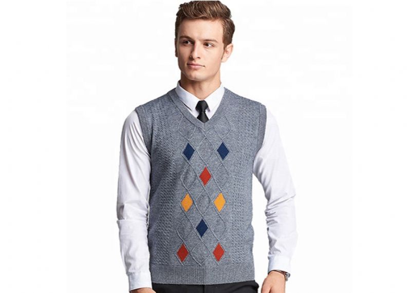 Mens Argyle Sleeveless Sweater Vest Acrylic V Neck Spring Cable Knitted Jumper - 11202734