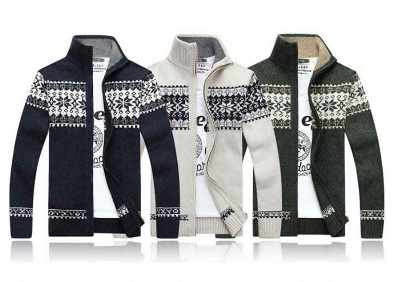 Autumn Stand Collar Long Sleeve Zip With Knitted Jacquard Cardigan Mens Sweater - 11611850