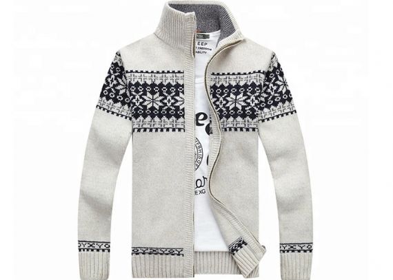 Autumn Stand Collar Long Sleeve Zip With Knitted Jacquard Cardigan Mens Sweater - 11611850