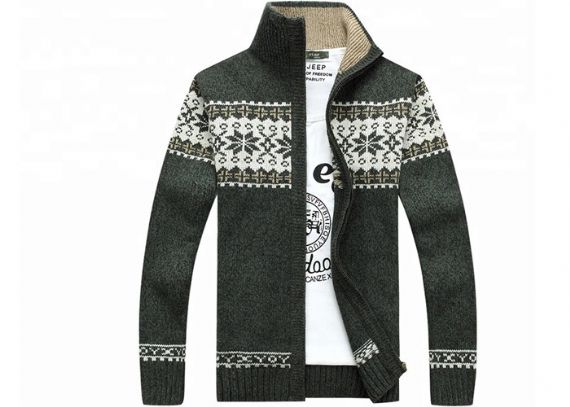 Autumn Stand Collar Long Sleeve Zip With Knitted Jacquard Cardigan Mens Sweater - 11611850