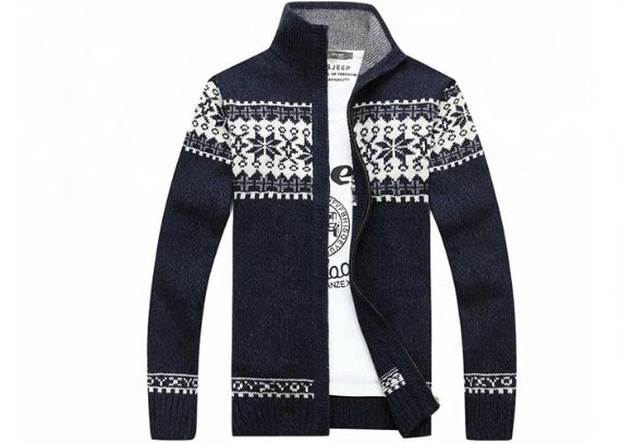 Autumn Stand Collar Long Sleeve Zip With Knitted Jacquard Cardigan Mens Sweater - 11611850
