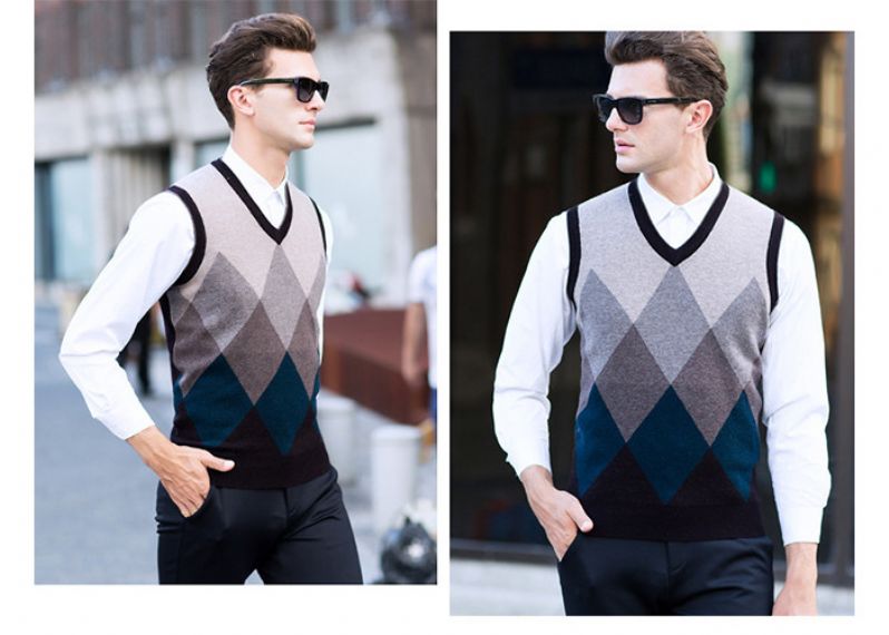 Plaid Jacquard Pattern Men Knit Sleeveless Sweater - 11613103