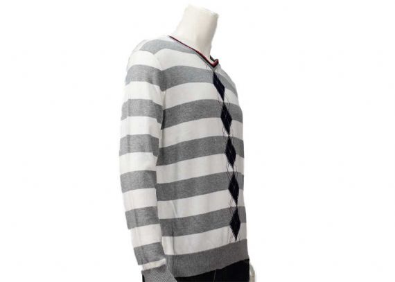 Mens Spring Intarsia Knitting Patterns V Neck Soft Yarn Striped Pullover Sweater - 11988057