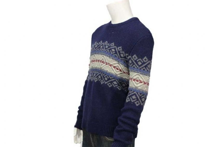 Jacquard Mens Knit Sweater Woolen Navy O Neck Rib Sleeve Pullover Sweater - 11999035