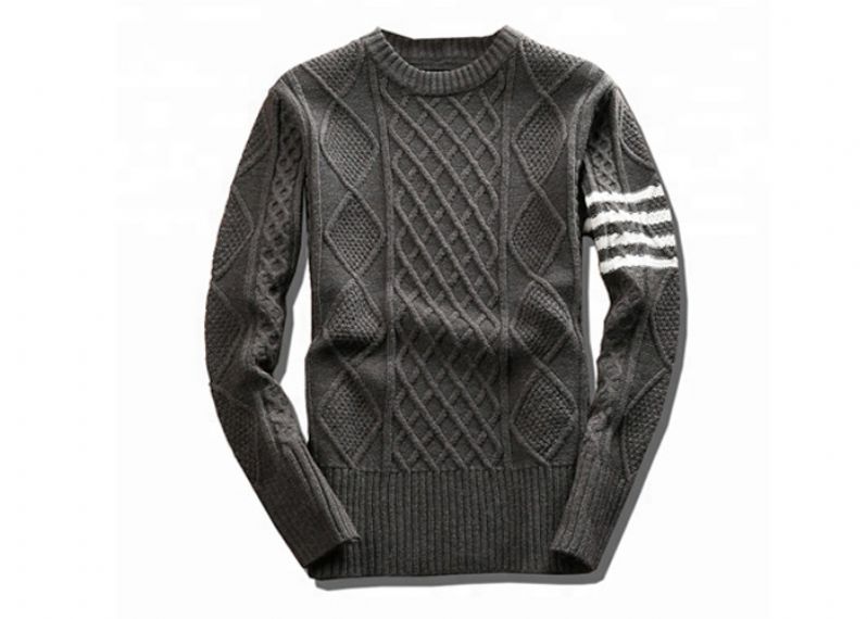 Spring Round Neck White Knit Pullover Sweater Stripe Long Sleeve Rib Him For Men - 11202843