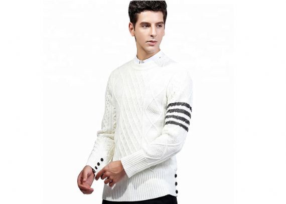 Spring Round Neck White Knit Pullover Sweater Stripe Long Sleeve Rib Him For Men - 11202843